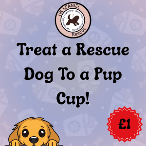 Image with an animated dog and a £3 price tag, with the text "Treat a Rescue Dog To a Pup Cup"